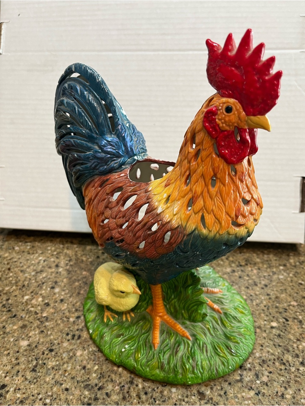 PartyLite Ceramic Rooster Chicks Candle Holder Large Colorful Farmhouse Decor